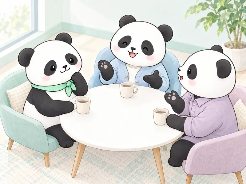 テーブルを囲んで話す3人