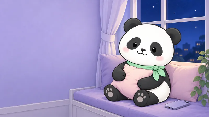 夜の窓辺でひと息つくパンダ